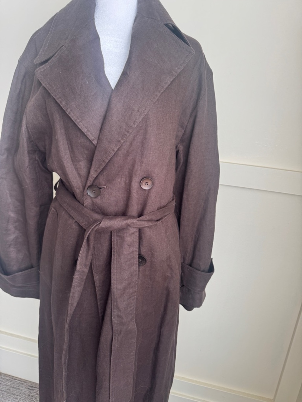 Mango Brown Double-Breasted Linen Trench Coat - Picture 6 of 16